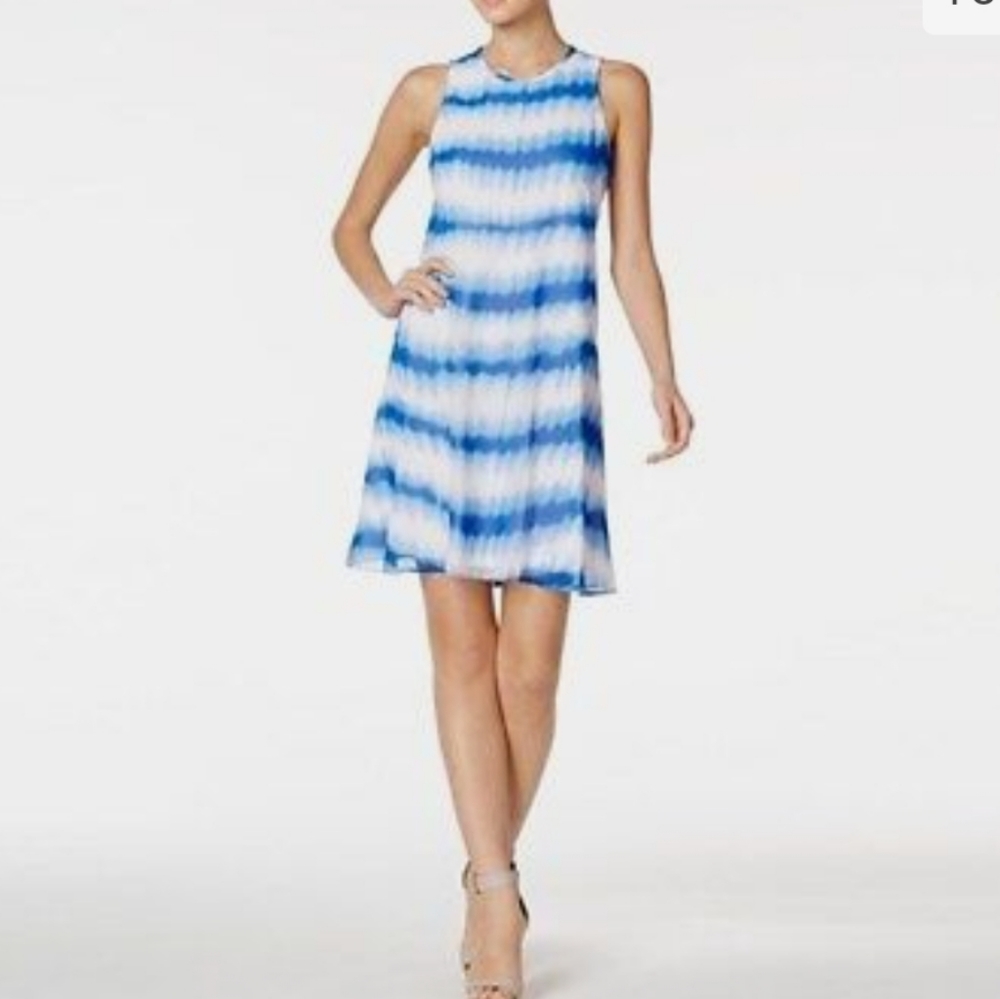CALVIN KLEIN  Adriatic Blue Halter Neck Chiffon Trapeze Dress with Under…